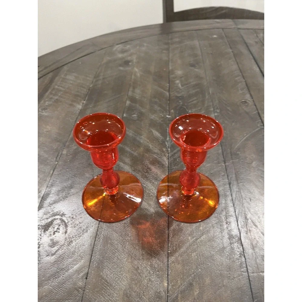 Morgantown‎ Glass Gypsy Fire Orange Candle Holder MCM Pair Vintage